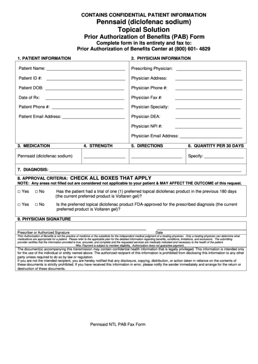 Pennsaid (Diclofenac Sodium) Topical Solution Prior Authorization Of Benefits (Pab) Form Printable pdf