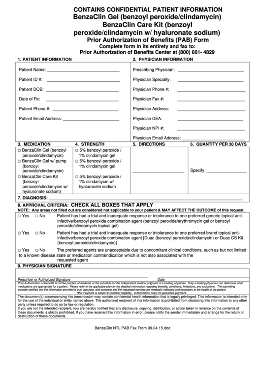 Benzaclin Gel (Benzoyl Peroxide/clindamycin) Benzaclin Care Kit (Benzoyl Peroxide/clindamycin W/ Hyaluronate Sodium) Prior Authorization Of Benefits (Pab) Form Printable pdf