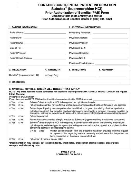 Subutex (Buprenorphine Hcl) Prior Authorization Of Benefits (Pab) Form Printable pdf