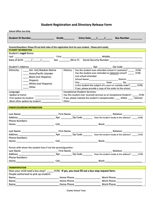 Student Registration And Directory Release Form Printable pdf