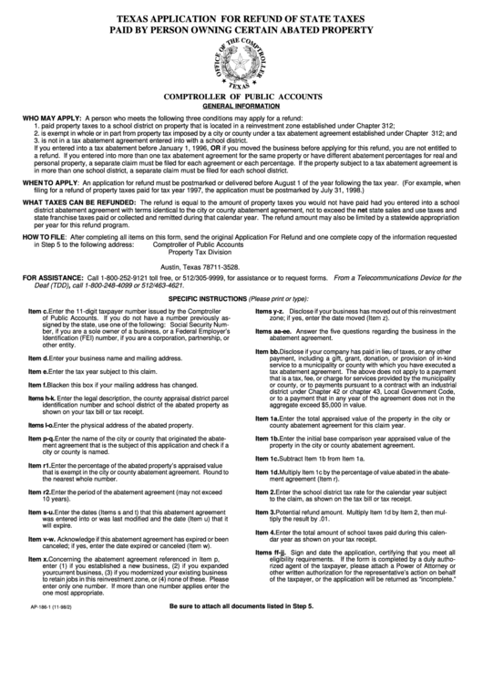Fillable Form Ap-186 - Application For Refund Of State Taxes Paid By Persons Owning Certain Abated Property Printable pdf
