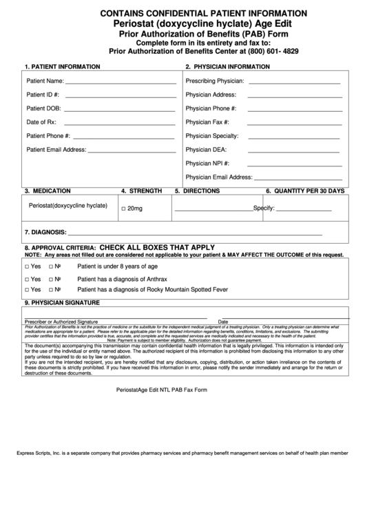 Periostat (Doxycycline Hyclate) Age Edit Prior Authorization Of Benefits (Pab) Form Printable pdf