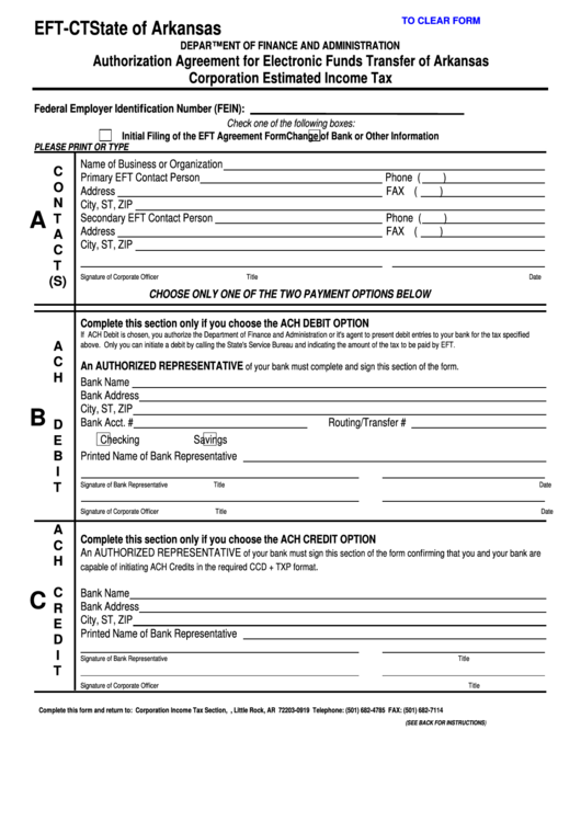Fillable Form Eft-Ct - Authorization Agreement For Electronic Funds Transfer Of Arkansas Corporation Estimated Income Tax Printable pdf