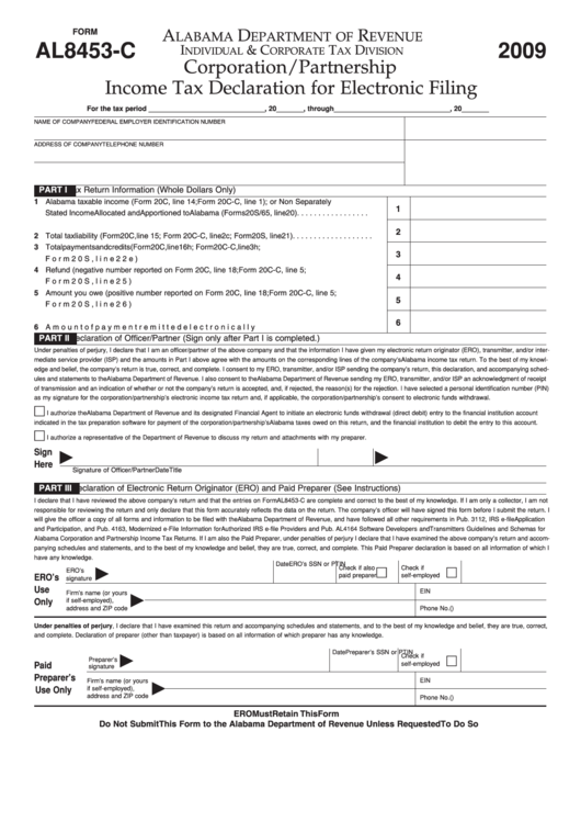 Form Al8453-c - Corporation/partnership Income Tax Declaration For Electronic Filing - 2009