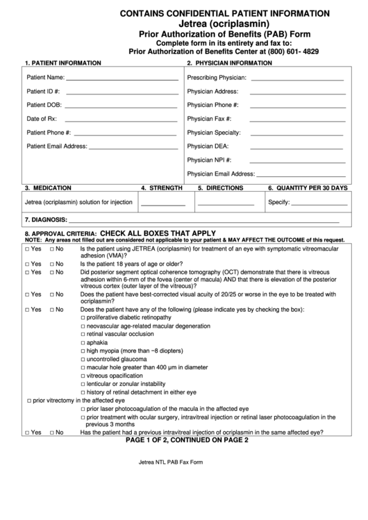 Jetrea (Ocriplasmin) Prior Authorization Of Benefits (Pab) Form ...