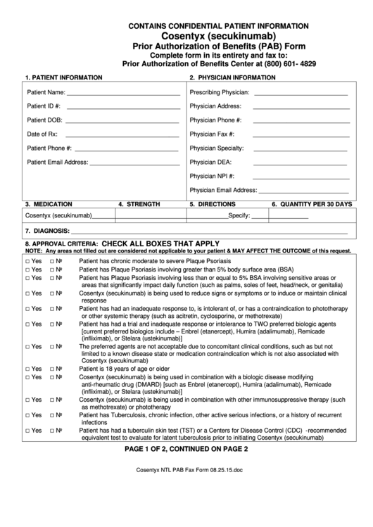 Cosentyx (Secukinumab) Prior Authorization Of Benefits (Pab) Form ...