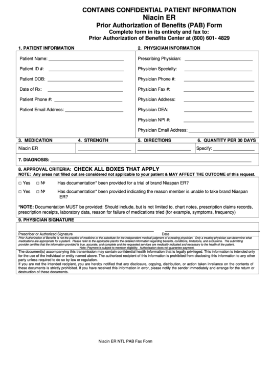 Niacin Er Prior Authorization Of Benefits (Pab) Form Printable pdf