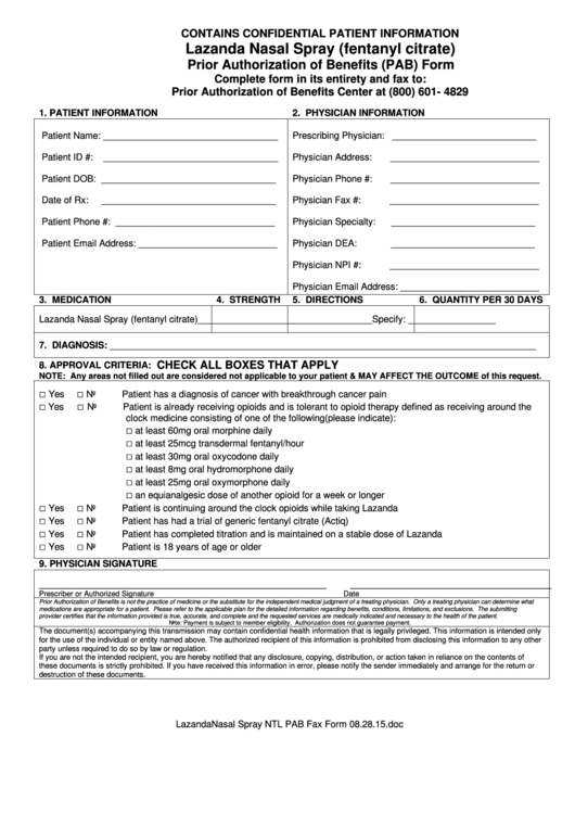 Lazanda Nasal Spray (Fentanyl Citrate) Prior Authorization Of Benefits (Pab) Form Printable pdf