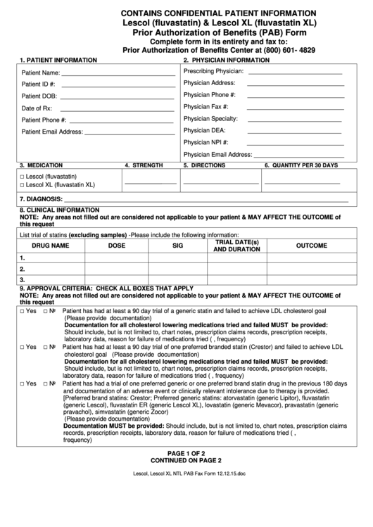 Lescol (Fluvastatin) & Lescol Xl (Fluvastatin Xl) Prior Authorization Of Benefits (Pab) Form Printable pdf
