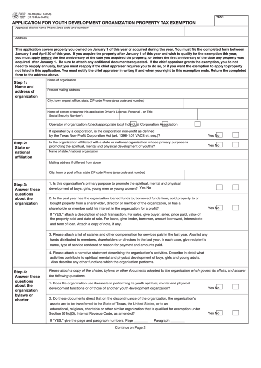 Form 50-118 - Application For Youth Development Organization Property Tax Exemption Printable pdf