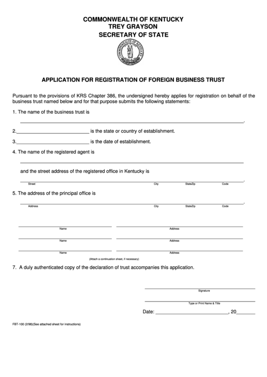 Fillable Form Fbt-100 - Application For Registration Of Foreign Business Trust Printable pdf