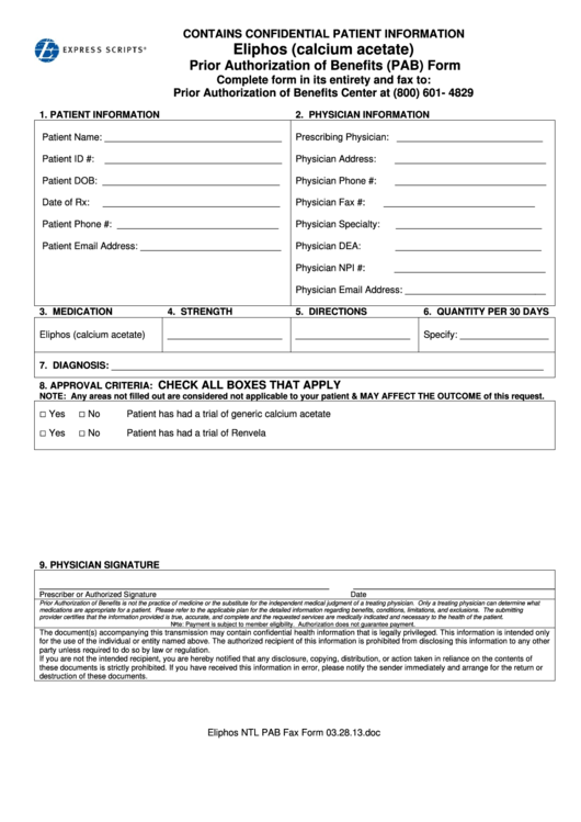 Eliphos (Calcium Acetate) Prior Authorization Of Benefits (Pab) Form Printable pdf