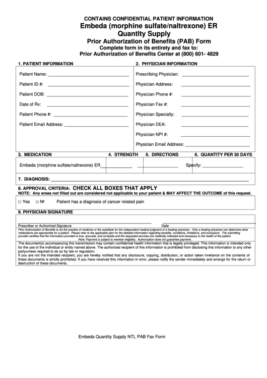 Embeda (Morphine Sulfate/naltrexone) Er Quantlty Supply Prior Authorization Of Benefits (Pab) Form Printable pdf