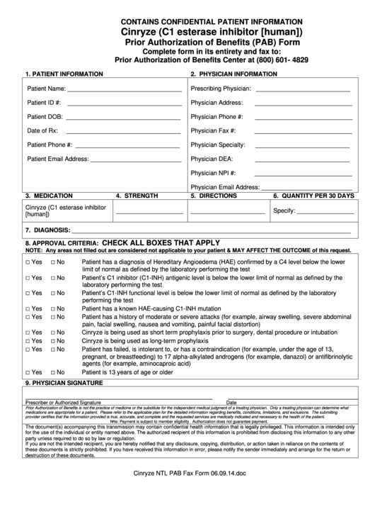 Cinryze (C1 Esterase Inhibitor [human]) Prior Authorization Of Benefits (Pab) Form Printable pdf