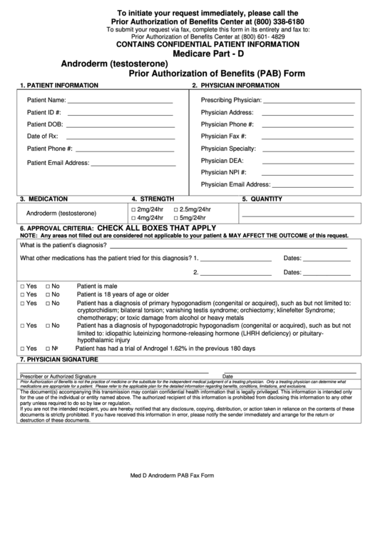 Medicare Part - D Androderm (Testosterone) Prior Authorization Of Benefits (Pab) Form Printable pdf