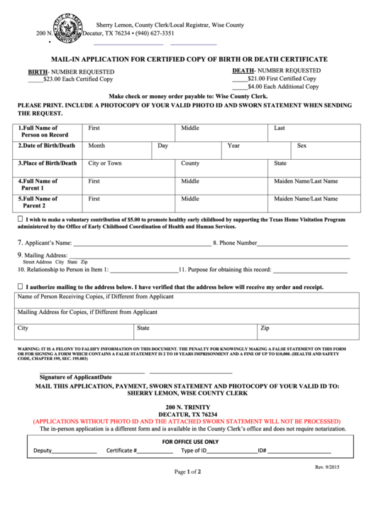 Mail-In Application For Certified Copy Of Birth Or Death Certificate Form 2015 Printable pdf