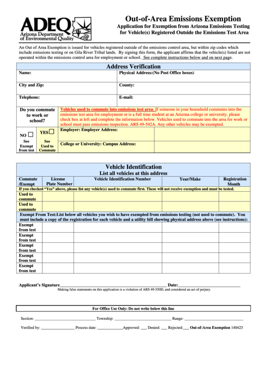 Fillable Out Of Area Emissions Exemption Form Printable Pdf Download