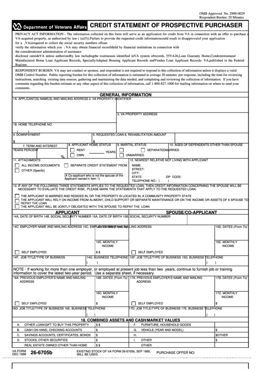 Va Form 26-6705b - Credit Statement Of Prospective Purchaser - Department Of Veterans Affairs Printable pdf