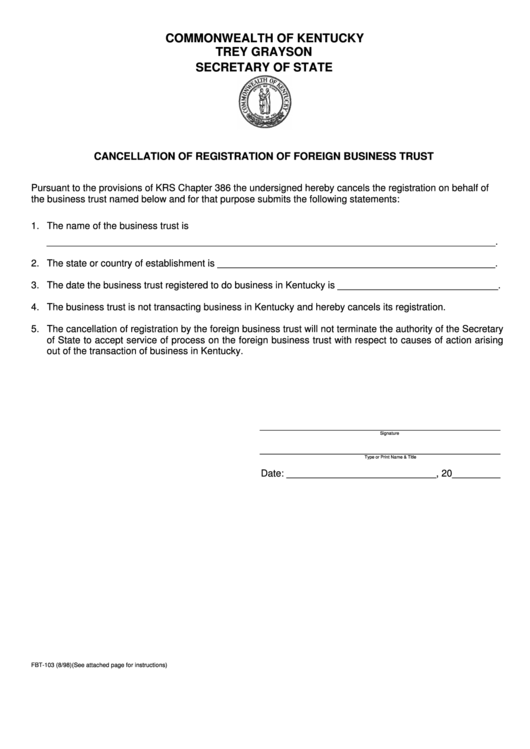 Fillable Form Fbt-103 - Cancellation Of Registration Of Foreign Business Trust Printable pdf