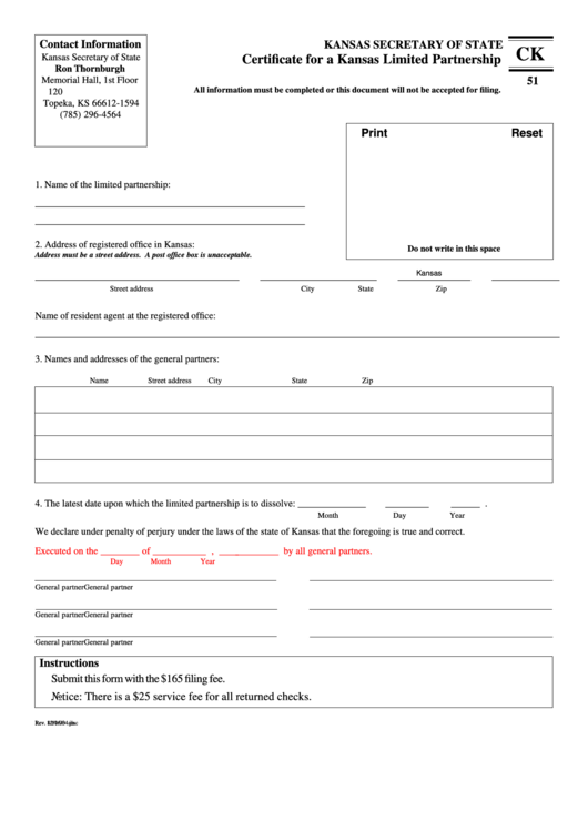 Fillable Form Ck 51 Certificate For A Kansas Limited Partnership