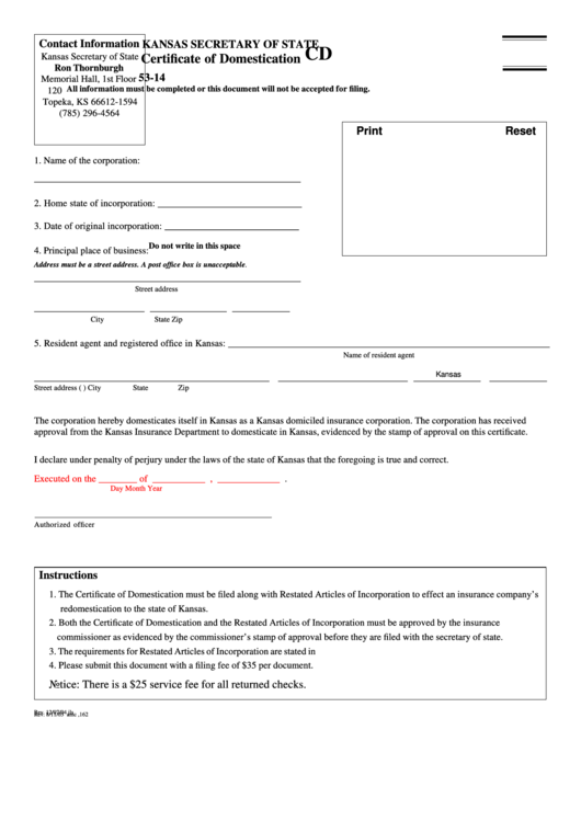 Fillable Form Cd 53-14 - Certificate Of Domestication Printable pdf