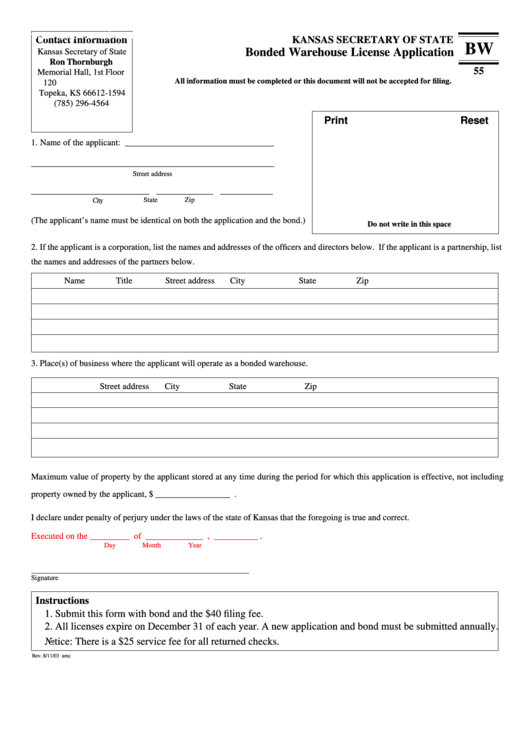 Fillable Bonded Warehouse License Application Form - Kansas Secretary Of State Printable pdf