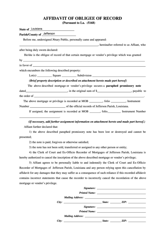 Fillable Affidavit Of Obligee Of Record Form Printable pdf