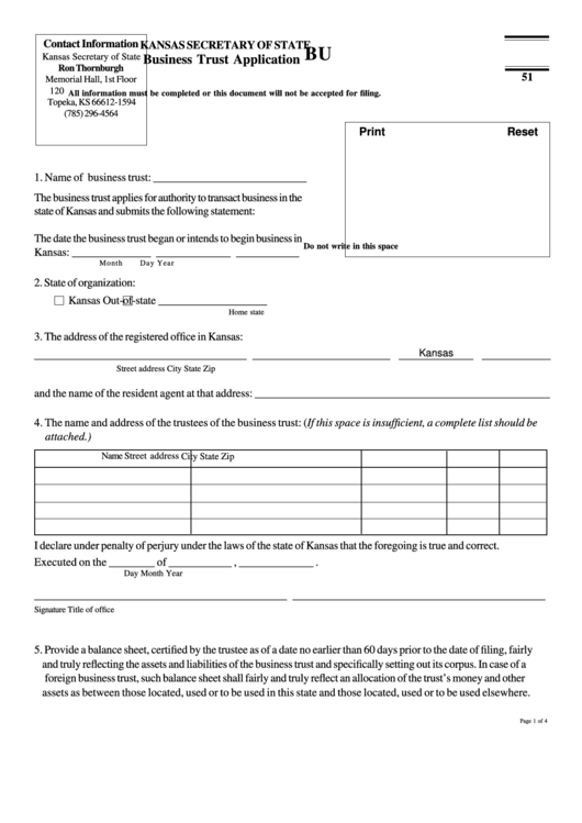 Fillable Form Bu 51 - Business Trust Application - 2004 Printable pdf