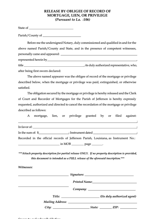 Fillable Release By Obligee Of Record Of Mortgage, Lien, Or Privilege Form Printable pdf
