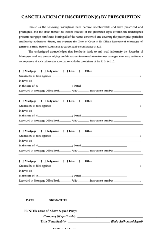 Fillable Cancellation Of Inscription(S) By Prescription Form Printable pdf