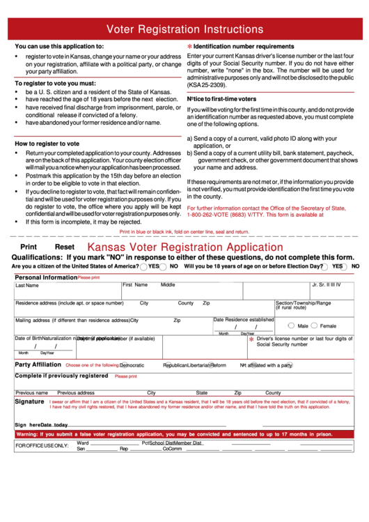 Fillable Kansas Voter Registration Application Form - Secretary Of State Printable pdf