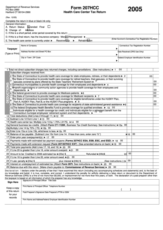 Form 207hcc - Health Care Center Tax Return - 2005 Printable pdf