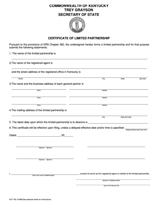 Fillable Form Klp-100 - Certificate Of Limited Partnership - Kentucky Secretary Of State Printable pdf