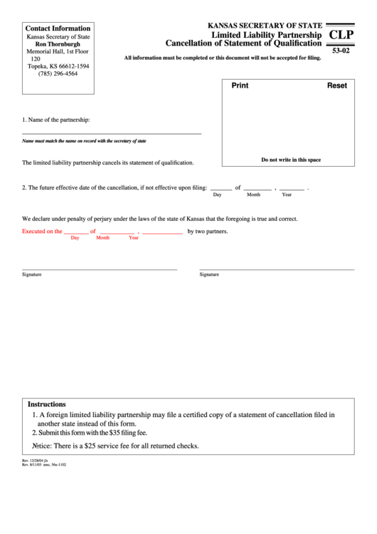 Fillable Form Clp 53-02 - Limited Liability Partnership Cancellation Of Statement Of Qualification Printable pdf