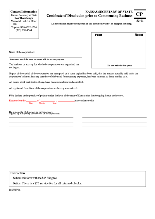 Fillable Form Cp 53-01 - Certificate Of Dissolution Prior To Commencing Business Printable pdf