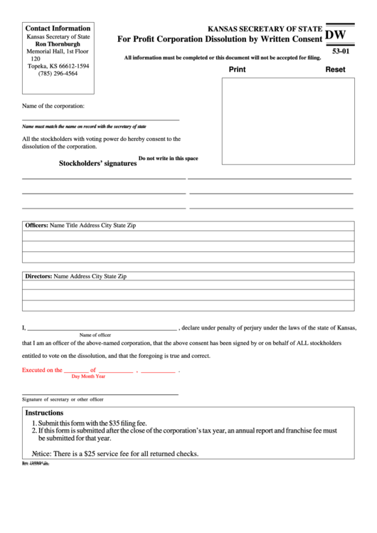 Fillable For Profit Corporation Dissolution By Written Consent Form - Kansas Secretary Of State Printable pdf