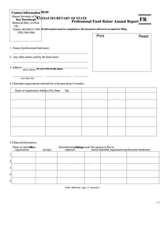 Fillable Professional Fund Raiser Annual Report Form - Kansas Secretary Of State Printable pdf