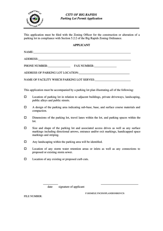 Application For Parking Lot Permit Form Printable pdf