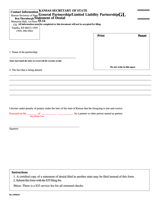 Fillable Form Gl 53-14 - General Partnership/limited Liability Partnership Statement Of Denial Printable pdf