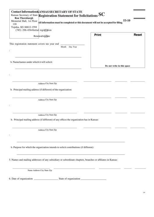 Fillable Registration Statement For Solicitations Form - Kansas Secretary Of State Printable pdf