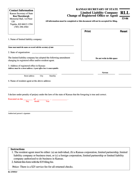 Fillable Form Rll 53-06 - Limited Liability Company Change Of Registered Office Or Agent Printable pdf