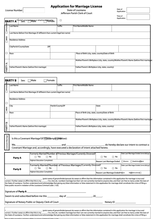 Fillable Application For Marriage License - Jefferson Parish Clerk Of Court Printable pdf
