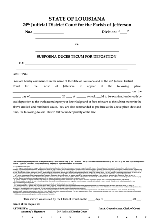 Fillable Subpoena Duces Tecum For Deposition - 24th Judicial District Court Printable pdf