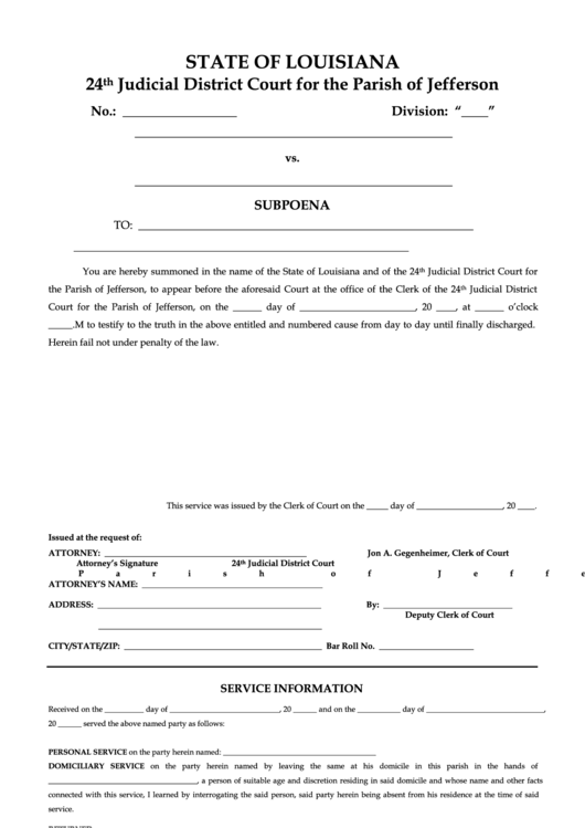 Fillable Subpoena Form - State Of Louisiana Printable pdf