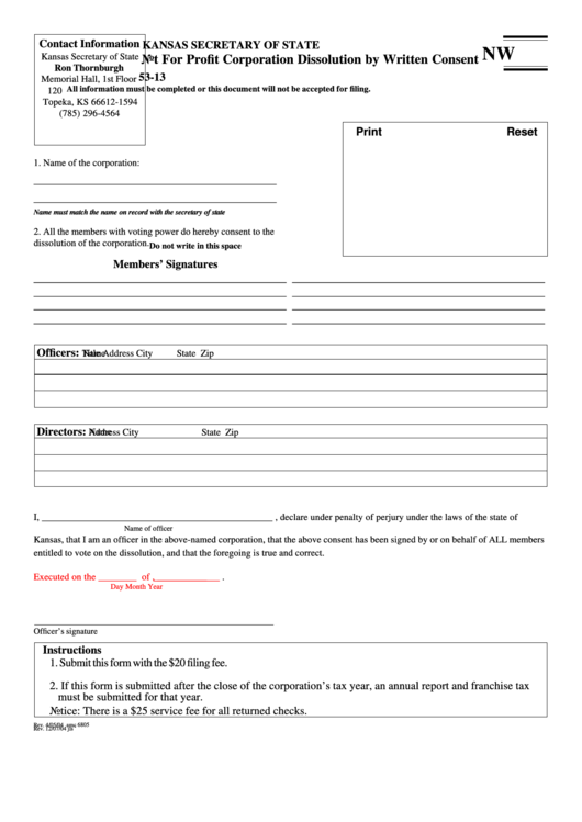 Fillable Not For Profit Corporation Dissolution By Written Consent Form - Kansas Secretary Of State Printable pdf