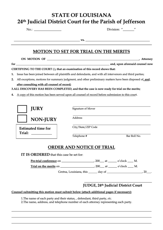 Fillable Motion To Set For Trial On The Merits Form Printable pdf