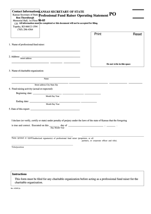 Fillable Professional Fund Raiser Operating Statement Form - Kansas Secretary Of State Printable pdf