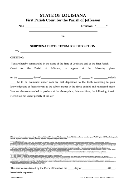 Fillable Subpoena Duces Tecum For Deposition - First Parish Court Printable pdf