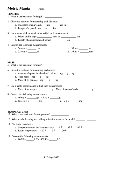 Physics Worksheet (Length, Mass, Temperature, Volume, Time, Density) Printable pdf