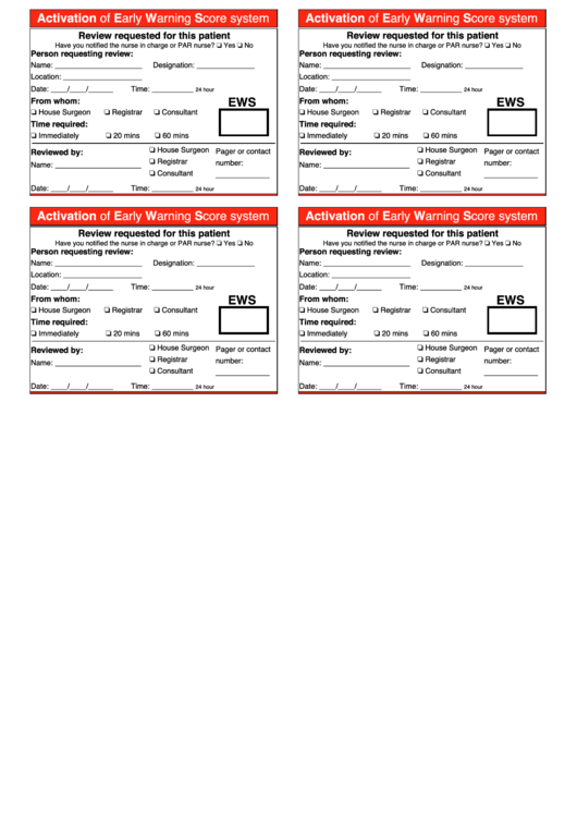 Activation Of Early Warning Score System Template Printable pdf